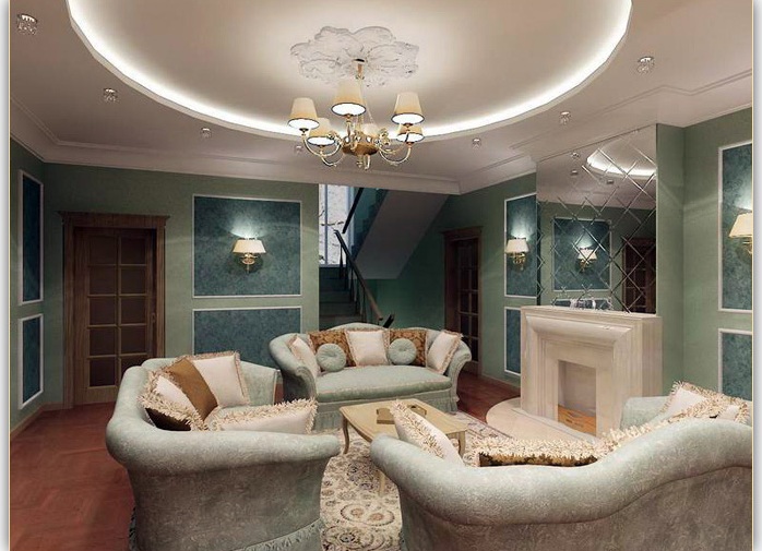 Двухуровневые потолки для гостиной из гипсокартона, фото