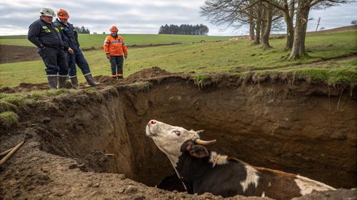 Корову тащили из ямы автомобильной лебедкой