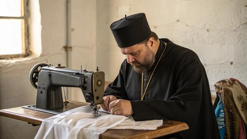 Крымский батюшка собственноручно шьет простыни для солдат