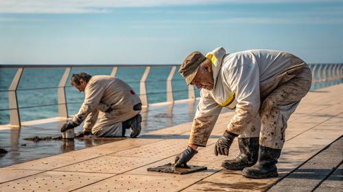 Рабочие загадили набережную Алушты маслом и цементом