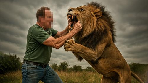 По новой версии Зубков не давал себя укусить, удерживая льва за клыки руками