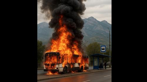 В жаркую, ветреную погоду в Ялте полыхал троллейбус