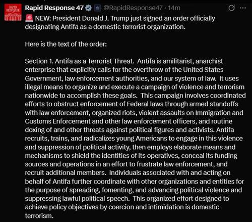 Трамп подписал указ, официально объявляющий Антифа &laquo;внутренней террористической организацией&raquo;